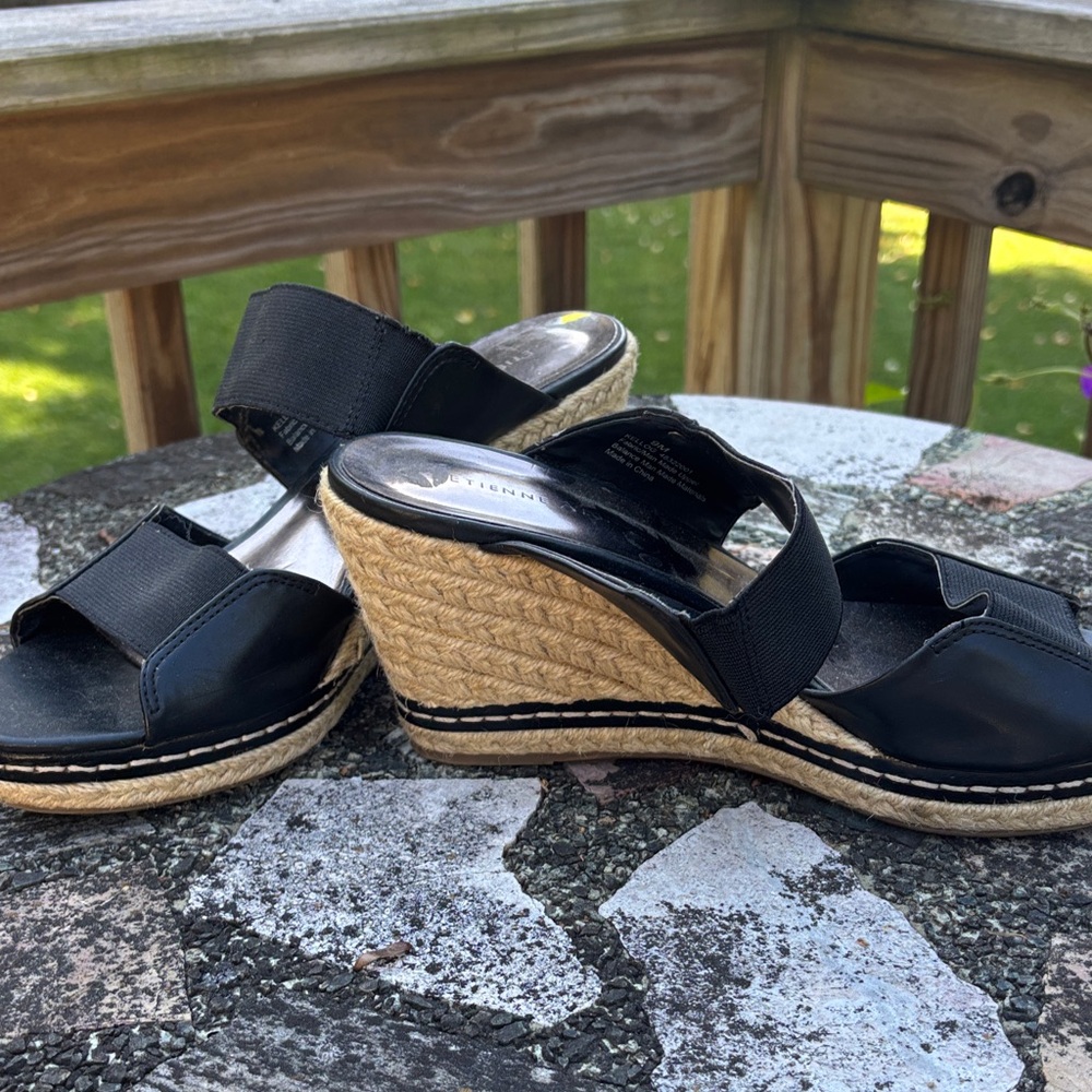 Etienne Aigner Black and Tan Wedge Sandals
